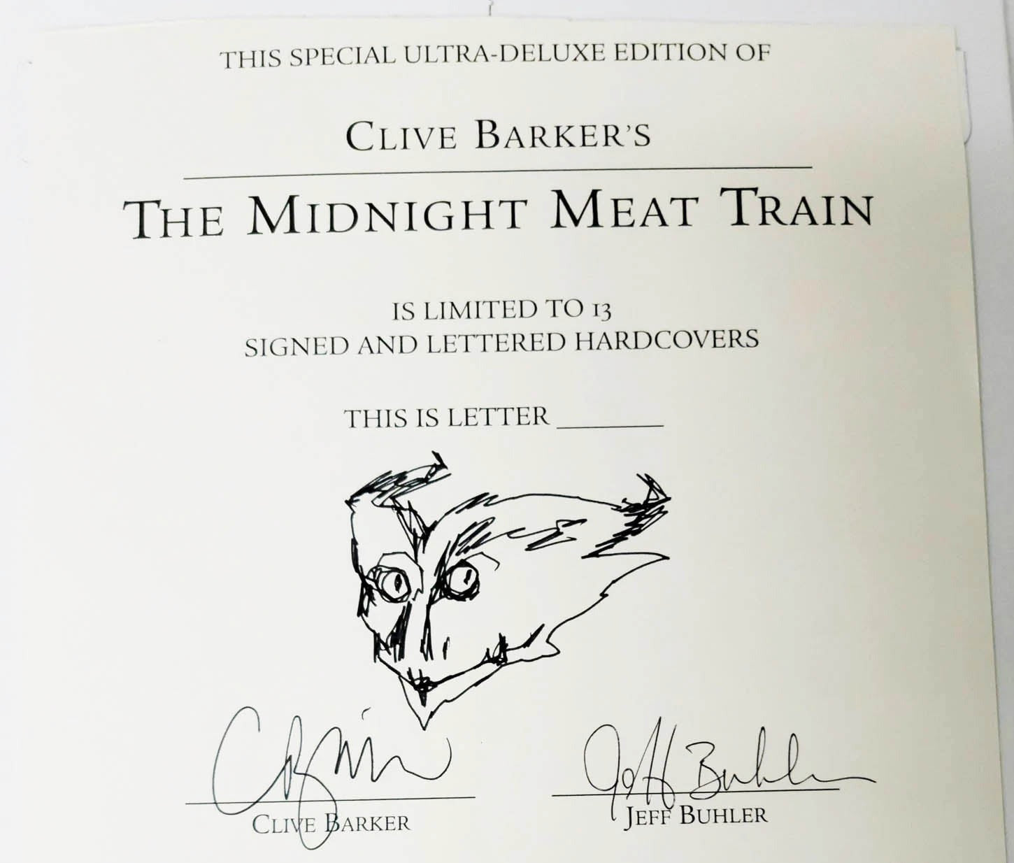 Clive Barker Contest Happening Now - Win a Signature Sheet for The Midnight Meat Train Ultra-Deluxe Hardcover Signed with Unique Sketch by Clive Barker!